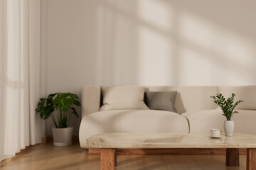 A modern minimalist living room interior design with a comfortable white couch and a white wall.