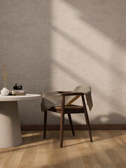 Minimalist Scandinavian living room with a wooden armchair, a table, a parquet floor and white wall