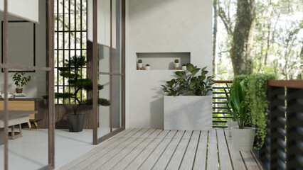 Exterior design of a modern and cozy home or apartment balcony with wooden floor and plants.