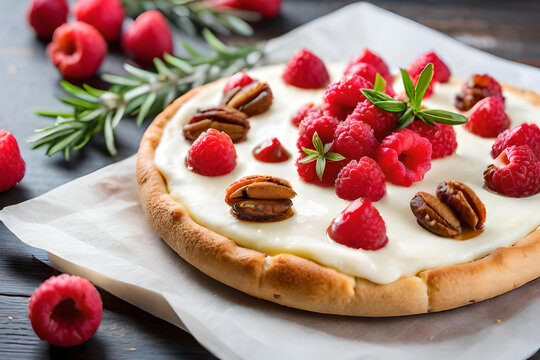 Raspberry Brie Dessert Pizza with Rosemary and Candied Pecans. Illustration. Generative AI