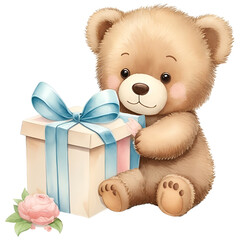 Cute teddy bear with a gift box on a white background