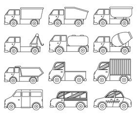 Illustration of a set of transport in a hand-drawn style. Coloring book for children. Black white outline vector illustration. vector illustration isolated on white background.