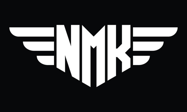 NMK three letter logo, creative wings shape logo design vector template. letter mark, word mark, monogram symbol on black & white.