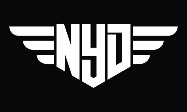 NYD three letter logo, creative wings shape logo design vector template. letter mark, word mark, monogram symbol on black & white.