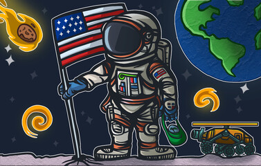 For the first time, man reached the Moon in search of a great step for humanity. Illustration of astronaut with the flag of the united states © caioBSS