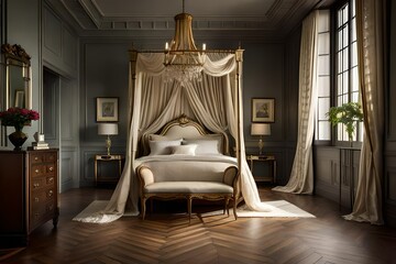 luxury bedroom of king and queen in victorian era - obrazy, fototapety, plakaty