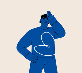 Sad disappointed woman touching his face with bad thoughts feeling depressed and unhappy. Colorful vector illustration