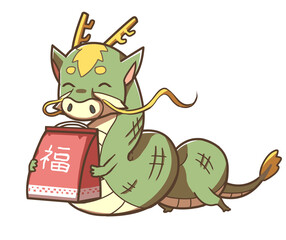 シンプルな可愛い福袋を持っている龍