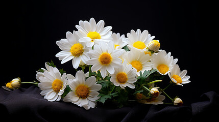 white flowers with yellow centers  on a black background in the style of realistic lighting