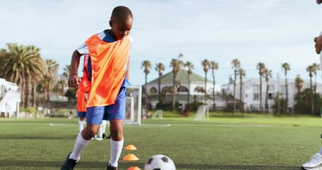 Soccer, kid kick and training field for game and sport drill for workout and exercise on a school cardio. Students, coaching and children with teamwork, player and team with youth and athlete group - Powered by Adobe