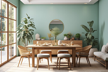 modern dining room with a large window green walls
