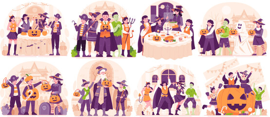 Mega Illustration Set of Halloween. Happy People Dressing Up in Various Halloween Costumes Celebrating Halloween. Halloween Party and Trick or Treat Concept