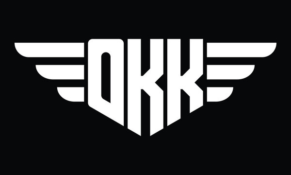 OKK three letter logo, creative wings shape logo design vector template. letter mark, word mark, monogram symbol on black & white.