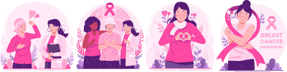 Illustration Set of Breast Cancer Awareness Month. Women With Ribbons Pink As a Concern and Support for Women With Breast Cancer