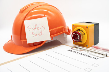 Safety First Text Note. Blank checklist paper during safety audit and risk verification. safety...