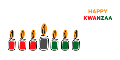 Happy Kwanzaa. Seven Mishumaa Sabaa candles in traditional African colors red, black, green. One line art drawing candles for Kwanzaa festival. Flat vector illustration.