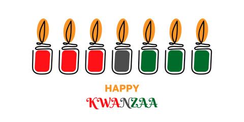 Happy Kwanzaa. Seven Mishumaa Sabaa candles in traditional African colors red, black, green. One line art drawing candles for Kwanzaa festival. Flat vector illustration.