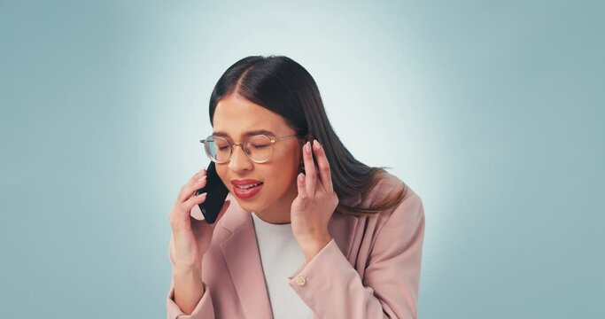 Phone call, lost signal and woman in studio with no connection, network service and mobile problem. Business, hear and person on smartphone for chat, talking and communication on blue background