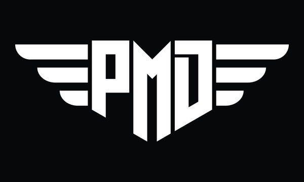 PMD three letter logo, creative wings shape logo design vector template. letter mark, word mark, monogram symbol on black & white.