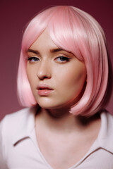 Portrait of a Young Woman with a Pink Bob: A Chic Expression of Modern Femininity. Ideal for Fashion, Beauty, and Hairstyling Promotion.