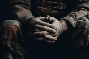 closeup hands of soldier in military uniform  - obrazy, fototapety, plakaty