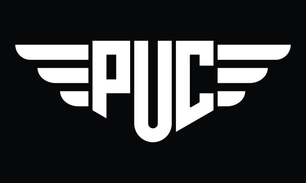 PUC three letter logo, creative wings shape logo design vector template. letter mark, word mark, monogram symbol on black & white.