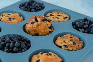 Fresh baked blueberry muffins. Tasty Sweet cupcake. Pastry homemade dessert. Berry pie in silicone...