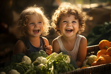 2 kids happy with vegetables