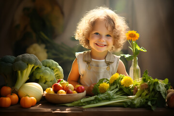 a portrait of girl with vegetables in sunny light