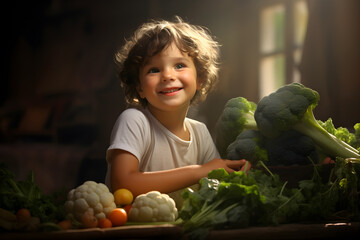 a portrait of boy with vegetables