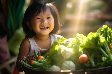 asian child happy with vegetables and sunny light