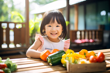 asian girl happy with vegetables
