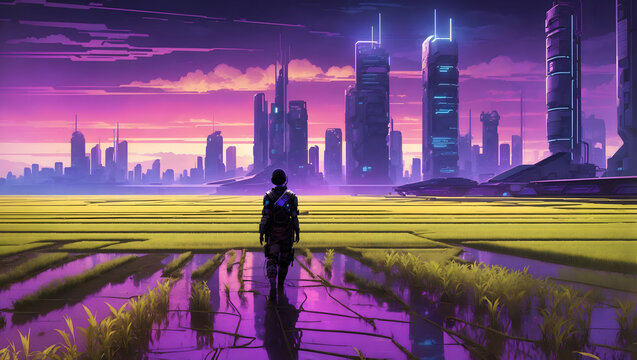 Cyberpunk Rice Fields: Futuristic Agricultural Landscape with Neon Skyscrapers Generative AI