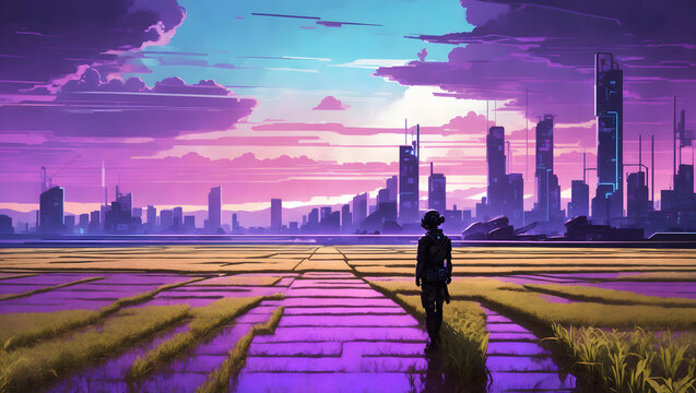 Cyberpunk Rice Fields: Futuristic Agricultural Landscape with Neon Skyscrapers Generative AI