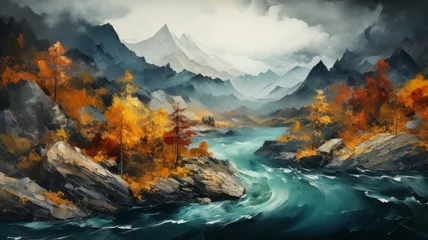 Foto auf Glas Autumn landscape in watercolor colors. A river flows through autumn mountain landscape. Autumn beauty in nature. © senadesign