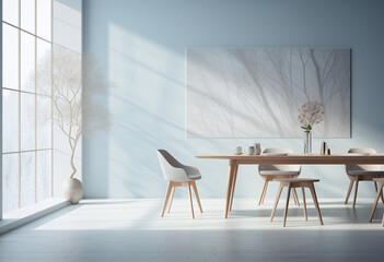 modern dining scene in a room in the style of light gray