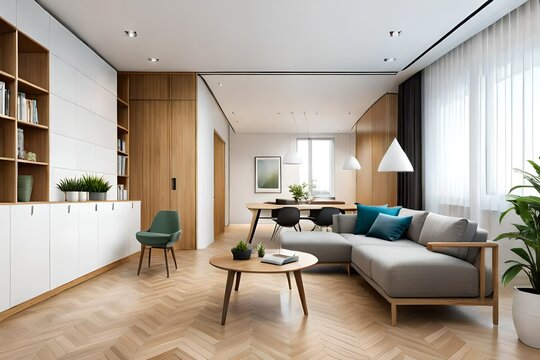 Scandinavian style living room with furniture design, plants, bamboo bookshelves and wooden table. Brown wooden parquet. Abstract painting on white wall. Nice apartment. Modern bright room decoration.