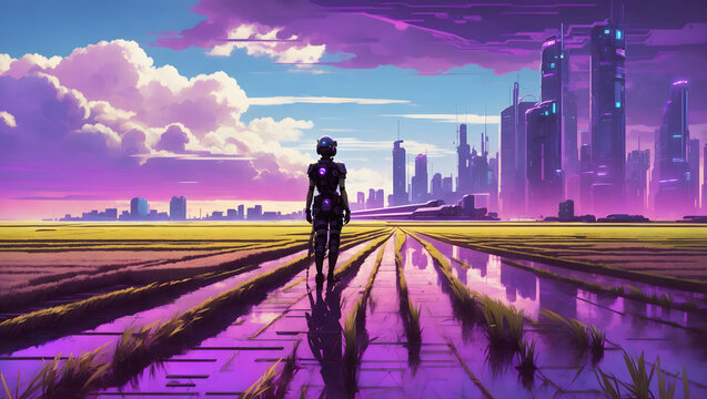 Cyberpunk Rice Fields: Futuristic Agricultural Landscape with Neon Skyscrapers Generative AI