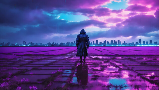Cyberpunk Rice Fields: Futuristic Agricultural Landscape with Neon Skyscrapers Generative AI