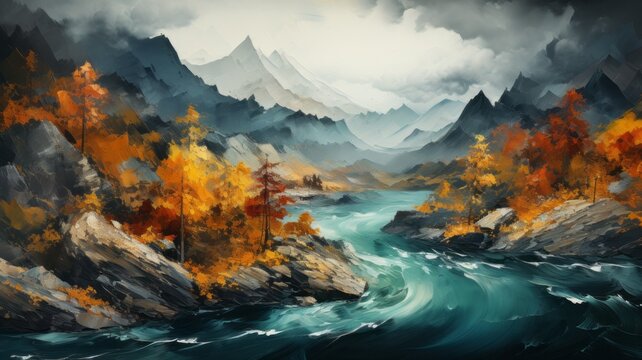 Autumn landscape in watercolor colors. A river flows through autumn mountain landscape. Autumn beauty in nature.