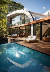 Modern house with a private swimming pool. Calm, relaxing and stunning villa. Family area during weekend. Generative AI