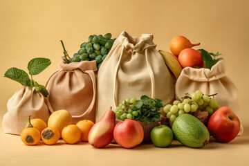 Variety Fresh of organic fruits and vegetables and healthy vegan meal ingredients in reusable eco cotton bags on beige background