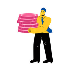 Worker business man  carrying heap of golden coins in hands. Success concept. Flat vector illustration isolated on white background