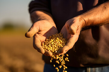  close up of senior farmer with soybean seed in his hands  - obrazy, fototapety, plakaty