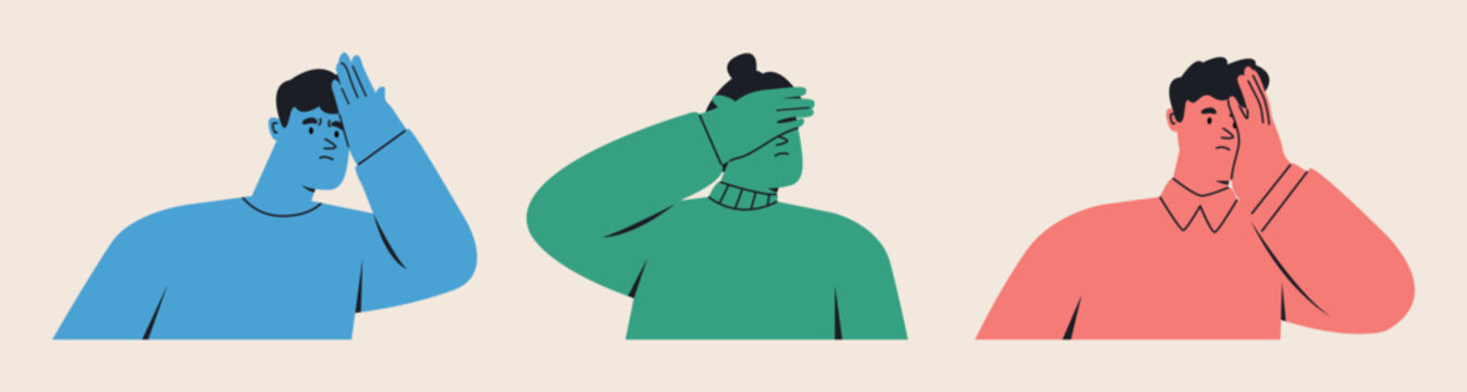 Set of regret or embarrassed people. Human emotion concept. Colorful vector illustration