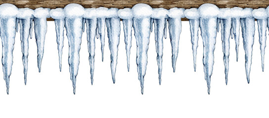 Icicles on the wooden roof edge seamless border. Watercolor illustration. Hand drawn wintertime season frozen water. Painted icicles seamless border. Icicle range isolated on white background