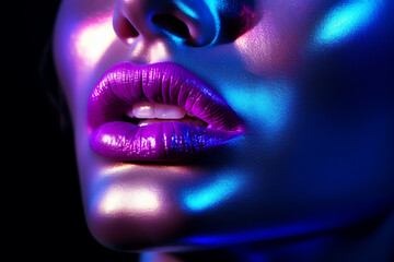 Fashion model metallic silver lips and face woman in colorful bright neon lights posing in studio