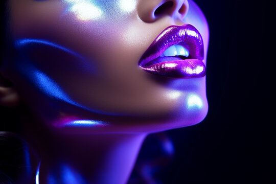 Fashion model metallic silver lips and face woman in colorful bright neon lights posing in studio