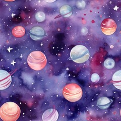 galaxy planet hand painted watercolor seamless pattern