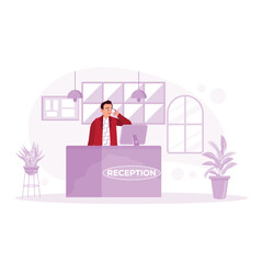 A friendly male receptionist receives a telephone call at the work desk. Hotel Receptionist concept. Trend Modern vector flat illustration